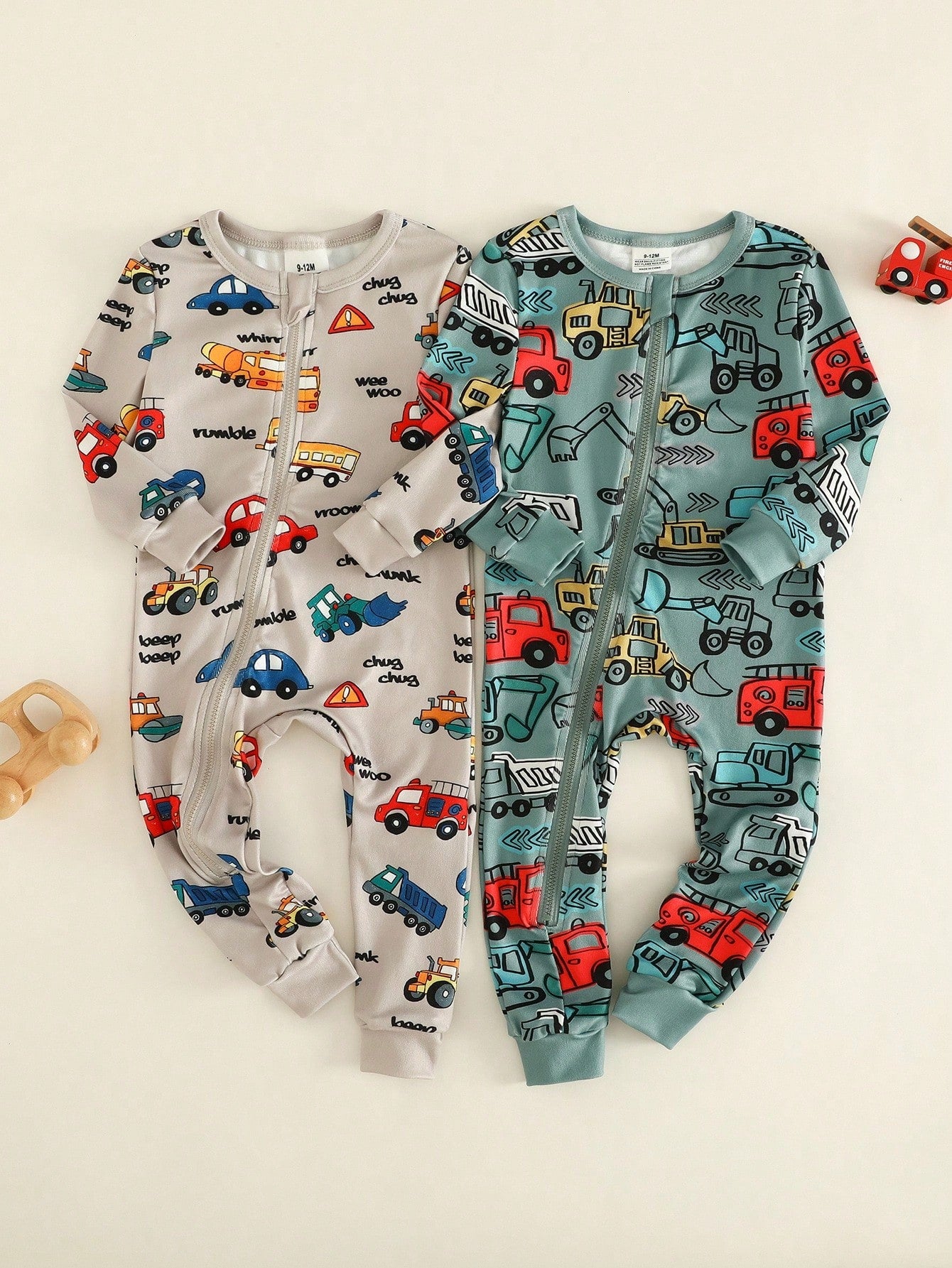 2pcs/Set Baby Boy Autumn/Winter Knit Playful Digger, Crane, Truck Print Colorblock Jumpsuit, Long Sleeve Jumpsuit