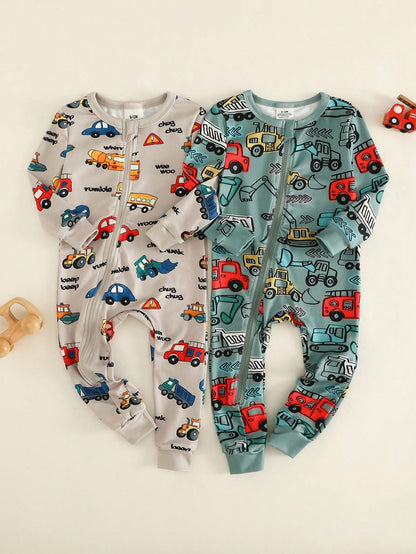 2pcs/Set Baby Boy Autumn/Winter Knit Playful Digger, Crane, Truck Print Colorblock Jumpsuit, Long Sleeve Jumpsuit