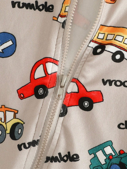 2pcs/Set Baby Boy Autumn/Winter Knit Playful Digger, Crane, Truck Print Colorblock Jumpsuit, Long Sleeve Jumpsuit
