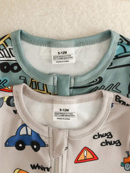 2pcs/Set Baby Boy Autumn/Winter Knit Playful Digger, Crane, Truck Print Colorblock Jumpsuit, Long Sleeve Jumpsuit