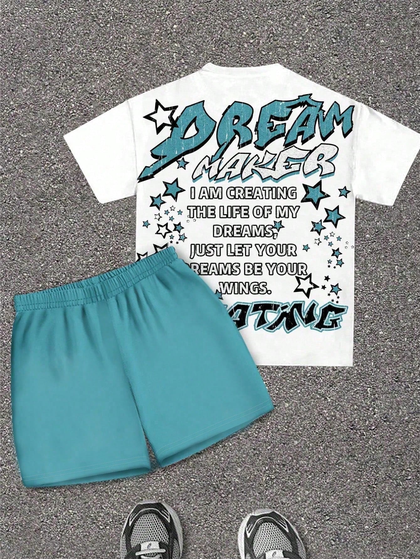 2pcs/Set Baby Boy Blue White Stripe Summer Street Life Casual Graphic Street Fashion City Break T-Shirt & Shorts,Street Graffiti Star Print Outfit