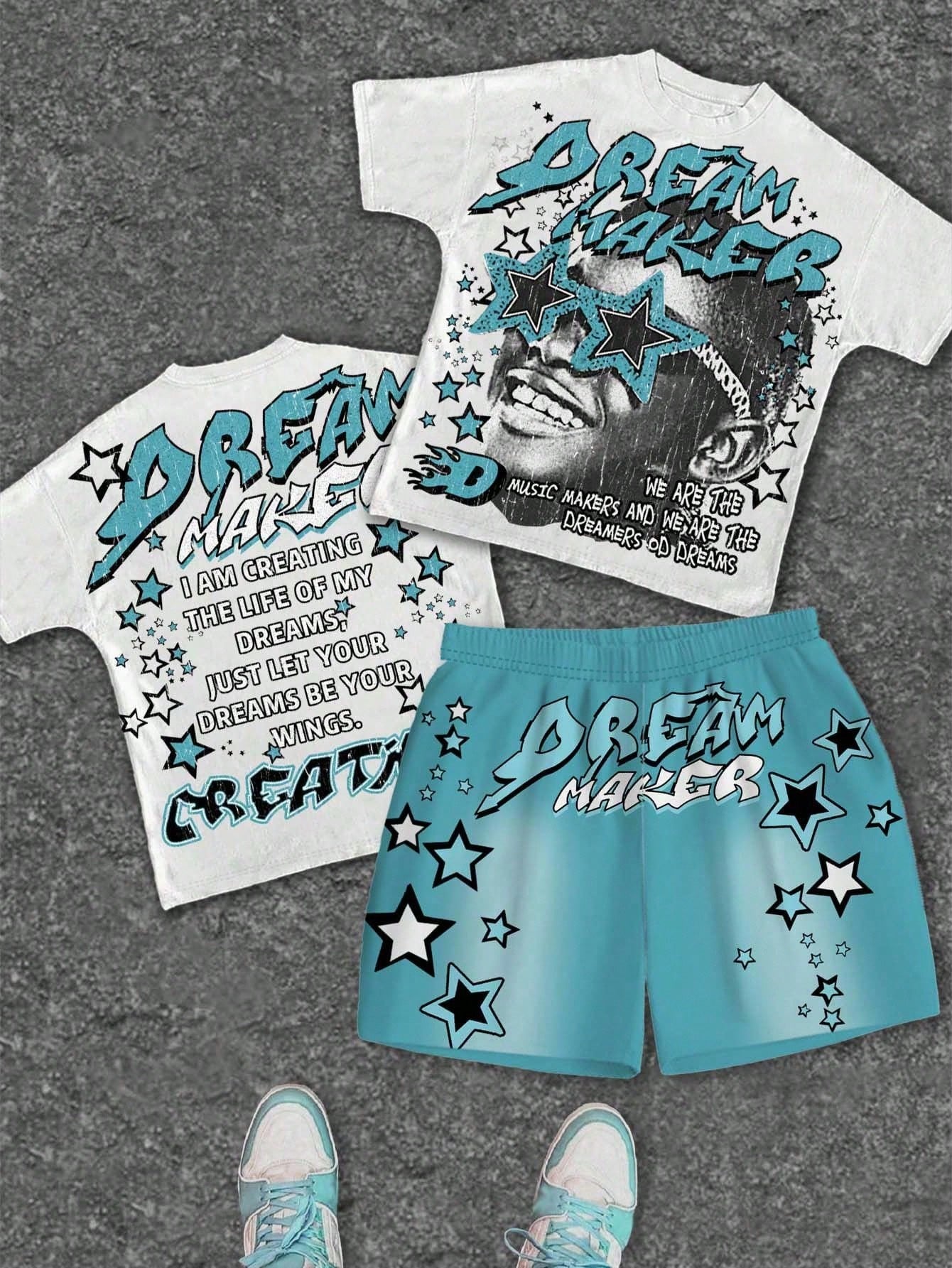 2pcs/Set Baby Boy Blue White Stripe Summer Street Life Casual Graphic Street Fashion City Break T-Shirt & Shorts,Street Graffiti Star Print Outfit