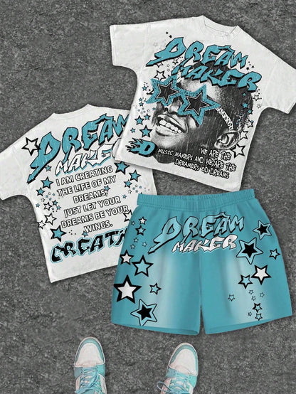 2pcs/Set Baby Boy Blue White Stripe Summer Street Life Casual Graphic Street Fashion City Break T-Shirt & Shorts,Street Graffiti Star Print Outfit