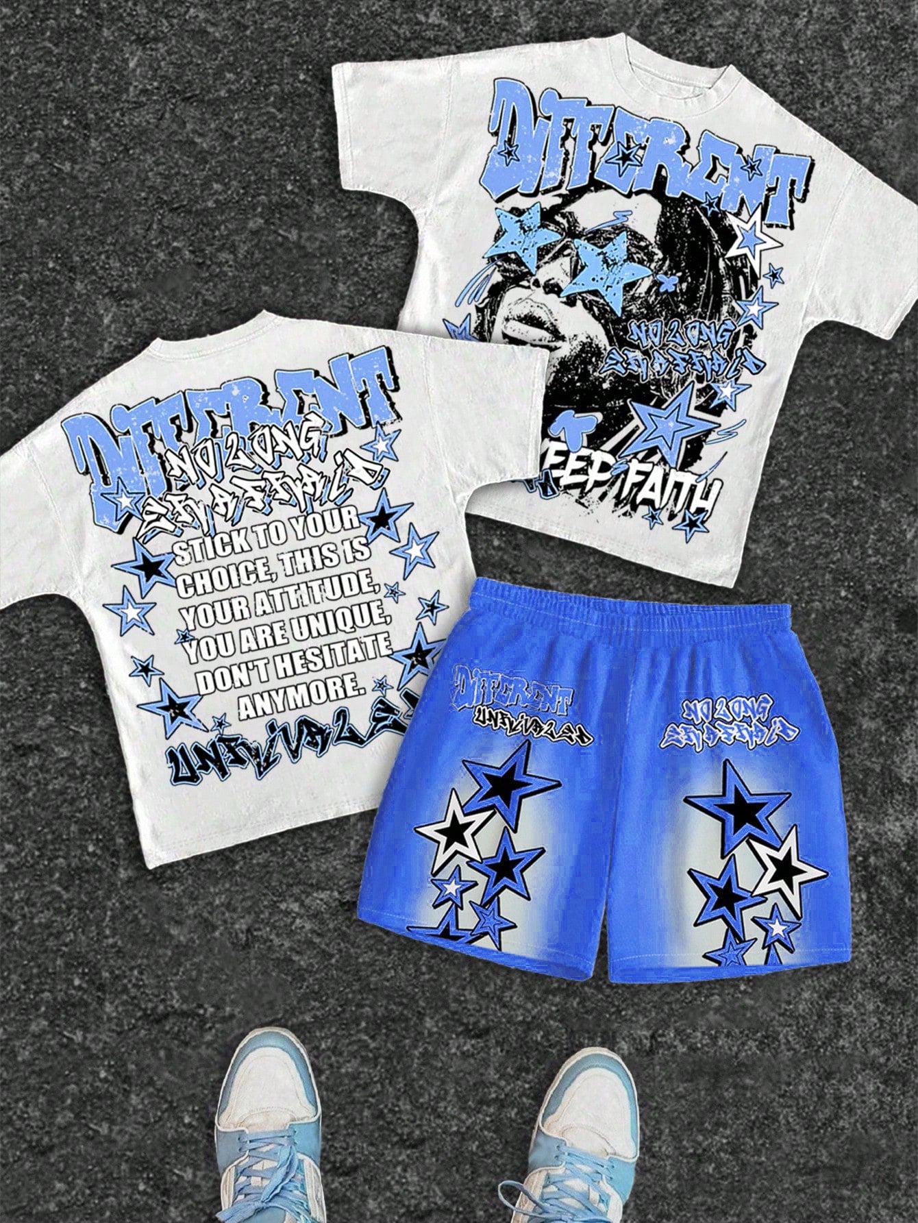 2pcs/Set Baby Boy Blue White Stripe Summer Street Life Casual Graphic Street Fashion City Break T-Shirt & Shorts,Street Graffiti Star Print Outfit
