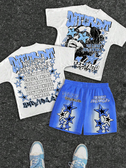 2pcs/Set Baby Boy Blue White Stripe Summer Street Life Casual Graphic Street Fashion City Break T-Shirt & Shorts,Street Graffiti Star Print Outfit