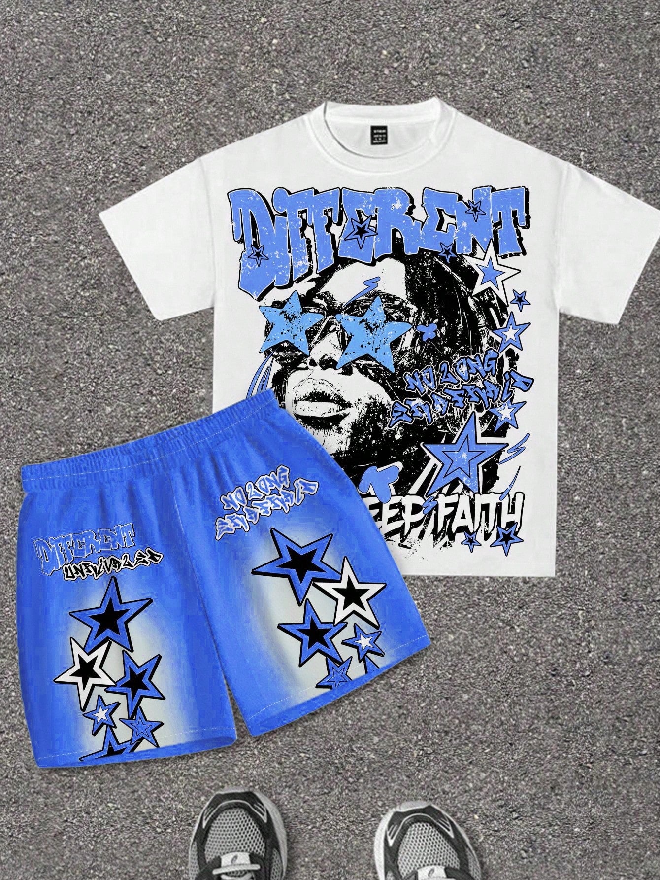 2pcs/Set Baby Boy Blue White Stripe Summer Street Life Casual Graphic Street Fashion City Break T-Shirt & Shorts,Street Graffiti Star Print Outfit
