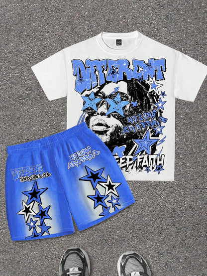 2pcs/Set Baby Boy Blue White Stripe Summer Street Life Casual Graphic Street Fashion City Break T-Shirt & Shorts,Street Graffiti Star Print Outfit
