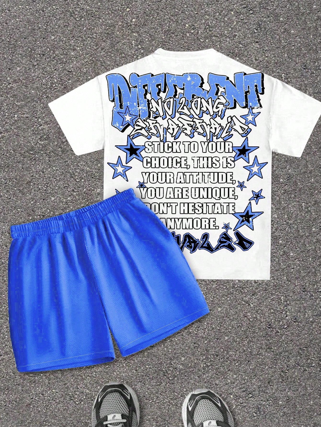 2pcs/Set Baby Boy Blue White Stripe Summer Street Life Casual Graphic Street Fashion City Break T-Shirt & Shorts,Street Graffiti Star Print Outfit