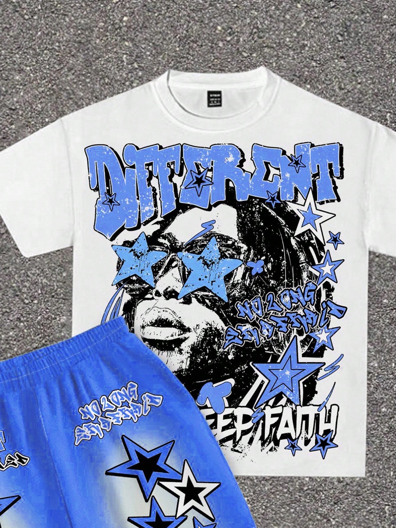 2pcs/Set Baby Boy Blue White Stripe Summer Street Life Casual Graphic Street Fashion City Break T-Shirt & Shorts,Street Graffiti Star Print Outfit