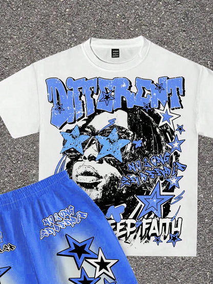 2pcs/Set Baby Boy Blue White Stripe Summer Street Life Casual Graphic Street Fashion City Break T-Shirt & Shorts,Street Graffiti Star Print Outfit
