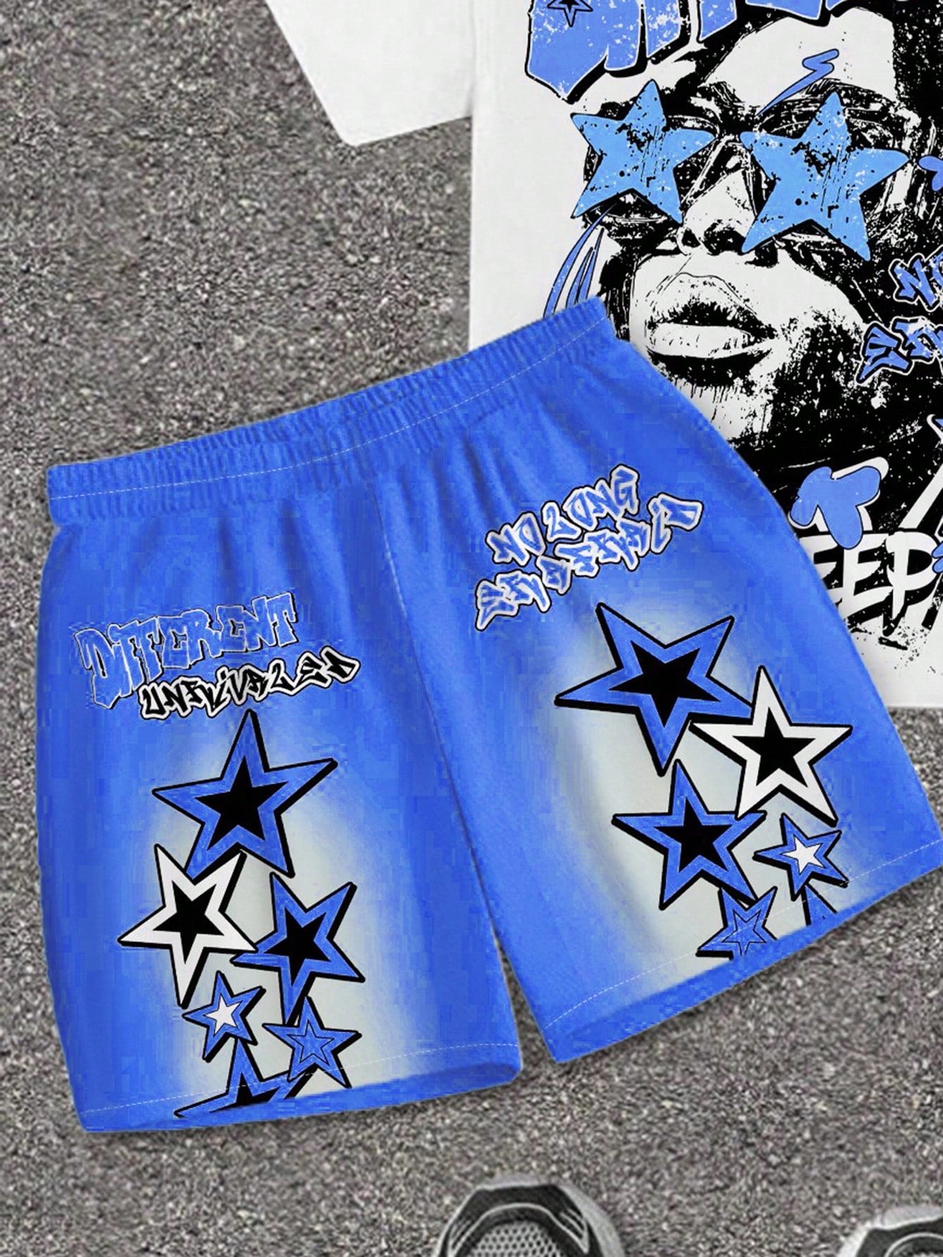 2pcs/Set Baby Boy Blue White Stripe Summer Street Life Casual Graphic Street Fashion City Break T-Shirt & Shorts,Street Graffiti Star Print Outfit
