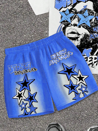 2pcs/Set Baby Boy Blue White Stripe Summer Street Life Casual Graphic Street Fashion City Break T-Shirt & Shorts,Street Graffiti Star Print Outfit