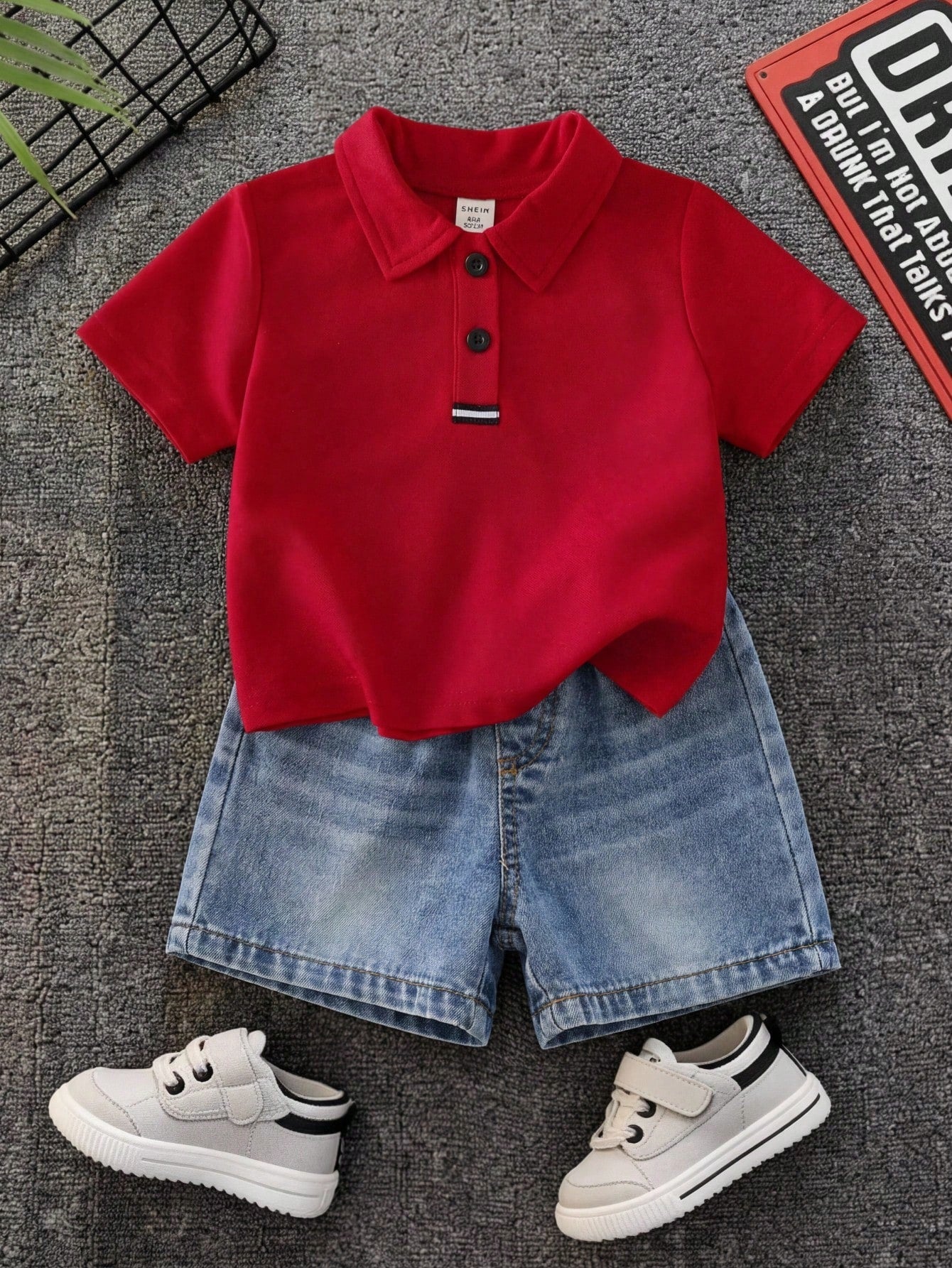 2pcs/Set Baby Boy Red Polo Shirt And Blue Denim Shorts,Summer Casual Family Matching Red Checkered Preppy Outfit For Birthday Party,Wedding,Shower