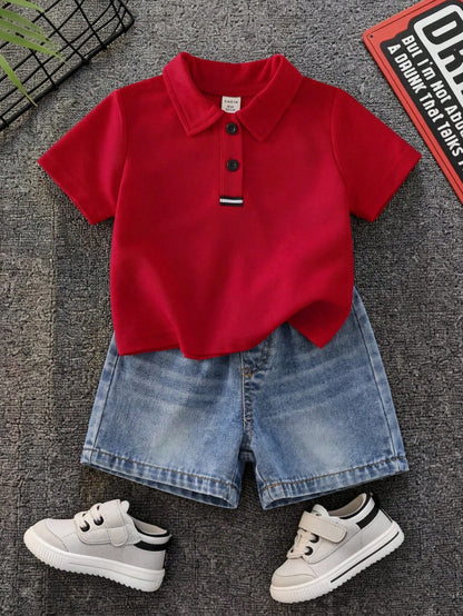2pcs/Set Baby Boy Red Polo Shirt And Blue Denim Shorts,Summer Casual Family Matching Red Checkered Preppy Outfit For Birthday Party,Wedding,Shower