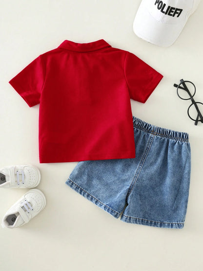 2pcs/Set Baby Boy Red Polo Shirt And Blue Denim Shorts,Summer Casual Family Matching Red Checkered Preppy Outfit For Birthday Party,Wedding,Shower