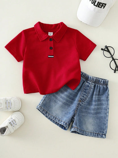 2pcs/Set Baby Boy Red Polo Shirt And Blue Denim Shorts,Summer Casual Family Matching Red Checkered Preppy Outfit For Birthday Party,Wedding,Shower
