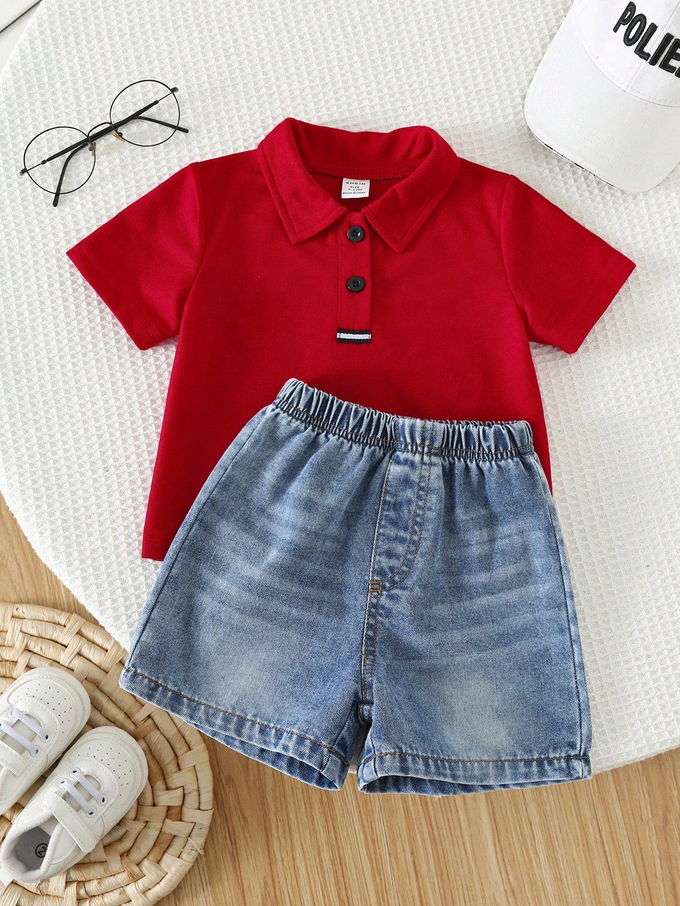 2pcs/Set Baby Boy Red Polo Shirt And Blue Denim Shorts,Summer Casual Family Matching Red Checkered Preppy Outfit For Birthday Party,Wedding,Shower