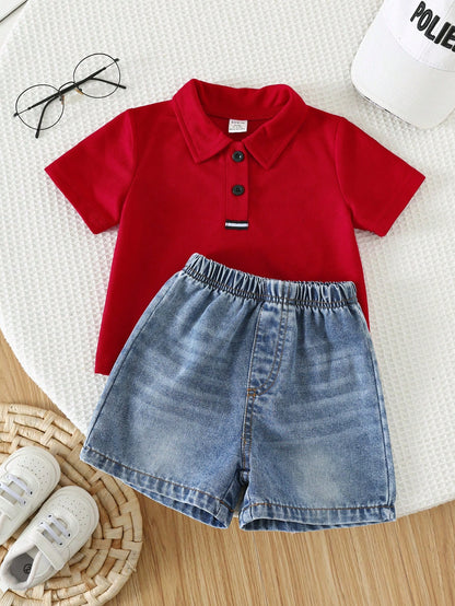 2pcs/Set Baby Boy Red Polo Shirt And Blue Denim Shorts,Summer Casual Family Matching Red Checkered Preppy Outfit For Birthday Party,Wedding,Shower