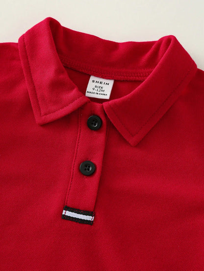 2pcs/Set Baby Boy Red Polo Shirt And Blue Denim Shorts,Summer Casual Family Matching Red Checkered Preppy Outfit For Birthday Party,Wedding,Shower