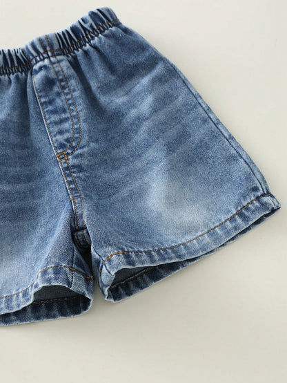 2pcs/Set Baby Boy Red Polo Shirt And Blue Denim Shorts,Summer Casual Family Matching Red Checkered Preppy Outfit For Birthday Party,Wedding,Shower