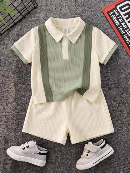 2pcs/Set Baby Boy Summer Casual Colorblock Polo Shirt And Casual Shorts Set, Polo Outfit, Formal Outfit, Infant Outfit, Summer Outfit