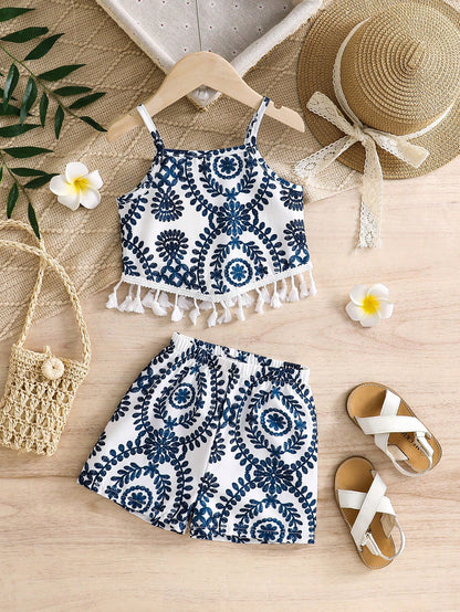 2pcs/Set- Baby Girl Summer Outfit, Blue & White Vintage Pattern 2-Piece Set, Tassel Camisole + Matching Shorts, Vacation Style Eye-Catching Cute Outfit