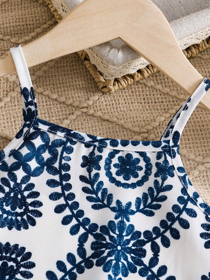 2pcs/Set- Baby Girl Summer Outfit, Blue & White Vintage Pattern 2-Piece Set, Tassel Camisole + Matching Shorts, Vacation Style Eye-Catching Cute Outfit