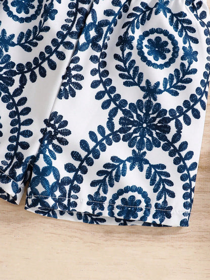2pcs/Set- Baby Girl Summer Outfit, Blue & White Vintage Pattern 2-Piece Set, Tassel Camisole + Matching Shorts, Vacation Style Eye-Catching Cute Outfit