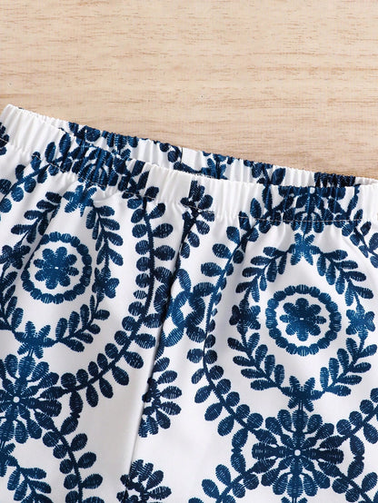 2pcs/Set- Baby Girl Summer Outfit, Blue & White Vintage Pattern 2-Piece Set, Tassel Camisole + Matching Shorts, Vacation Style Eye-Catching Cute Outfit