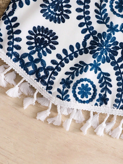 2pcs/Set- Baby Girl Summer Outfit, Blue & White Vintage Pattern 2-Piece Set, Tassel Camisole + Matching Shorts, Vacation Style Eye-Catching Cute Outfit