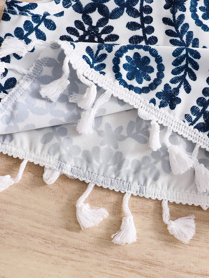 2pcs/Set- Baby Girl Summer Outfit, Blue & White Vintage Pattern 2-Piece Set, Tassel Camisole + Matching Shorts, Vacation Style Eye-Catching Cute Outfit