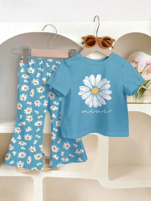2pcs/Set Baby Girls' Casual Floral Print Short Sleeve T-Shirt And Elastic Waist Flare Pants Set, Summer Outfit For Baby Girl, 6-9M, 9-12M, 12-18M, 18-24M, 2-3Y