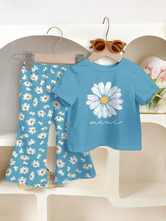 2pcs/Set Baby Girls' Casual Floral Print Short Sleeve T-Shirt And Elastic Waist Flare Pants Set, Summer Outfit For Baby Girl, 6-9M, 9-12M, 12-18M, 18-24M, 2-3Y