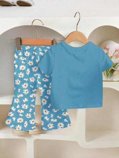 2pcs/Set Baby Girls' Casual Floral Print Short Sleeve T-Shirt And Elastic Waist Flare Pants Set, Summer Outfit For Baby Girl, 6-9M, 9-12M, 12-18M, 18-24M, 2-3Y