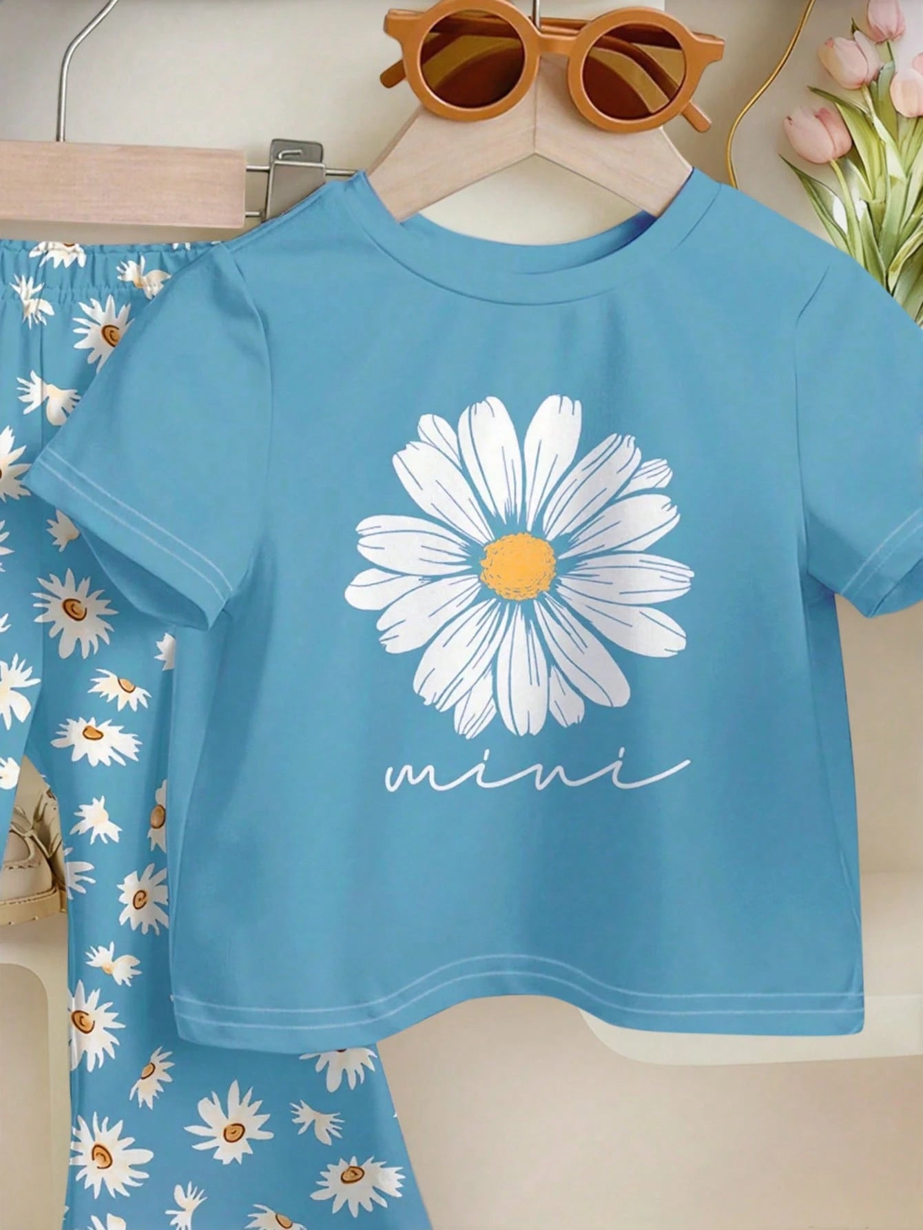 2pcs/Set Baby Girls' Casual Floral Print Short Sleeve T-Shirt And Elastic Waist Flare Pants Set, Summer Outfit For Baby Girl, 6-9M, 9-12M, 12-18M, 18-24M, 2-3Y