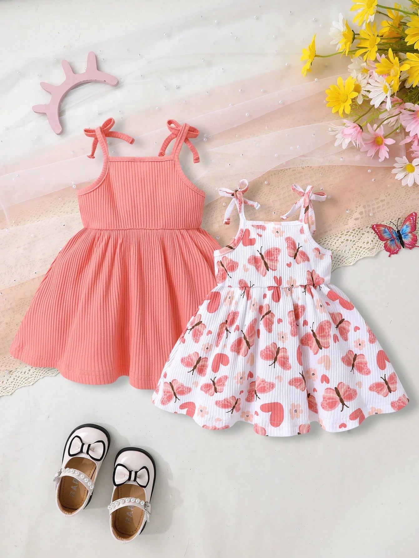 2pcs Set, Casual Elegant Sweet Cute Baby Girl Dress Outfit, Soft Comfortable Bow Decor Strap Princess Dress Suit, Suitable For Daily Wear, Vacation, Party, Photoshoot