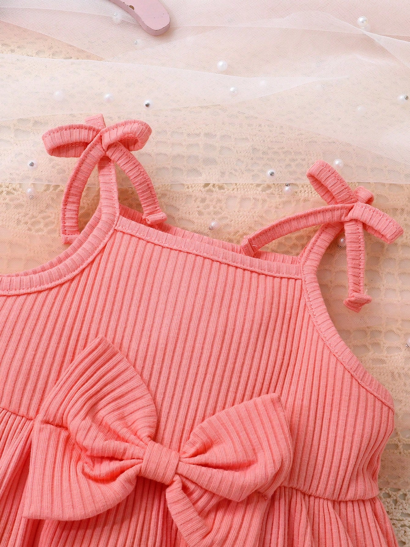 2pcs Set, Casual Elegant Sweet Cute Baby Girl Dress Outfit, Soft Comfortable Bow Decor Strap Princess Dress Suit, Suitable For Daily Wear, Vacation, Party, Photoshoot