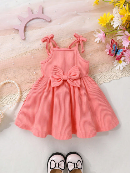 2pcs Set, Casual Elegant Sweet Cute Baby Girl Dress Outfit, Soft Comfortable Bow Decor Strap Princess Dress Suit, Suitable For Daily Wear, Vacation, Party, Photoshoot