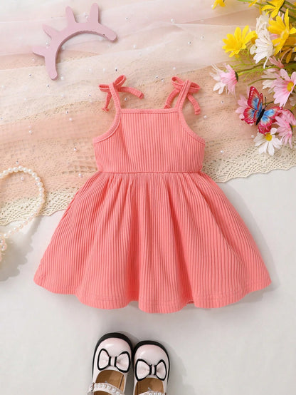 2pcs Set, Casual Elegant Sweet Cute Baby Girl Dress Outfit, Soft Comfortable Bow Decor Strap Princess Dress Suit, Suitable For Daily Wear, Vacation, Party, Photoshoot