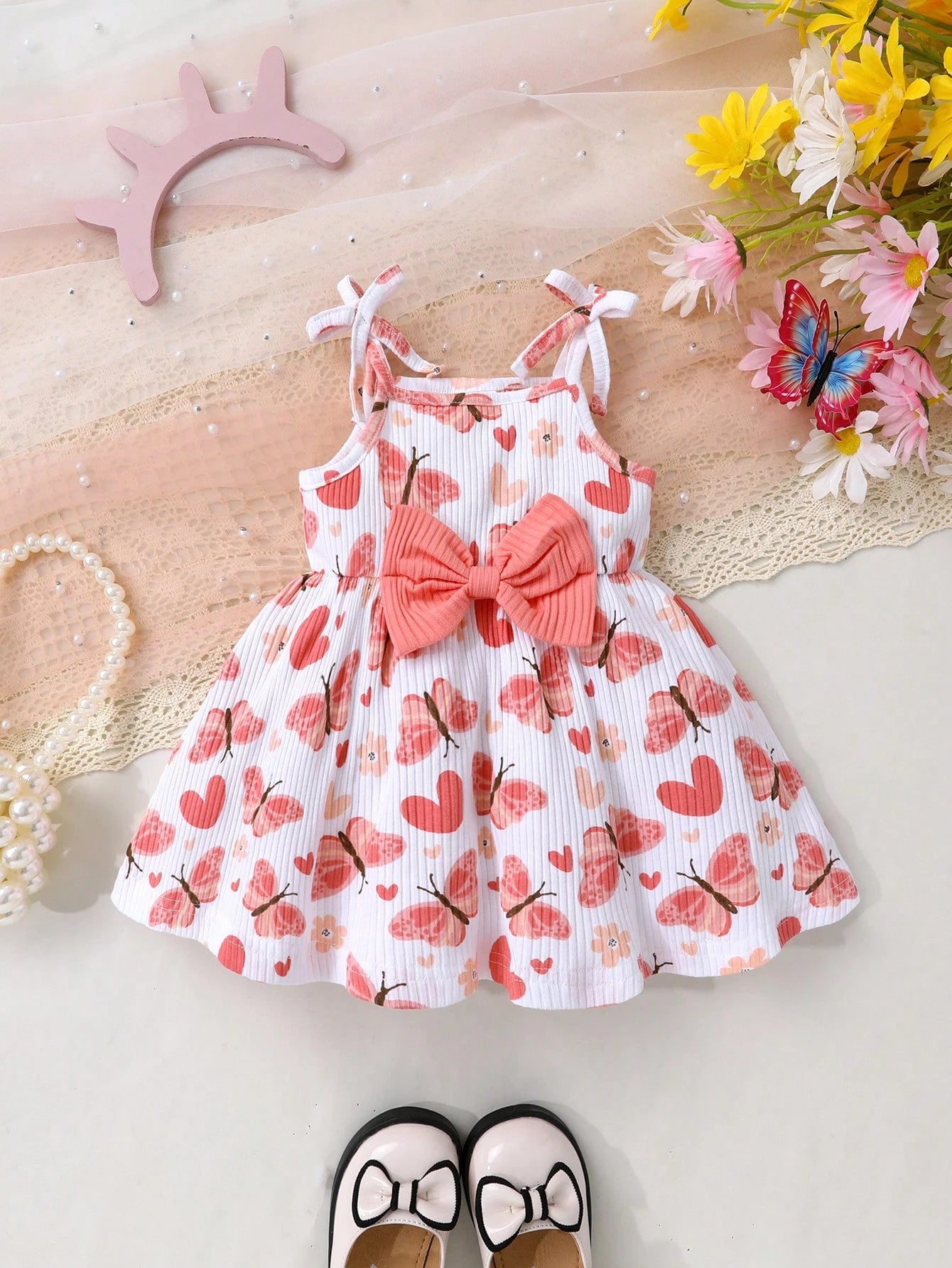 2pcs Set, Casual Elegant Sweet Cute Baby Girl Dress Outfit, Soft Comfortable Bow Decor Strap Princess Dress Suit, Suitable For Daily Wear, Vacation, Party, Photoshoot