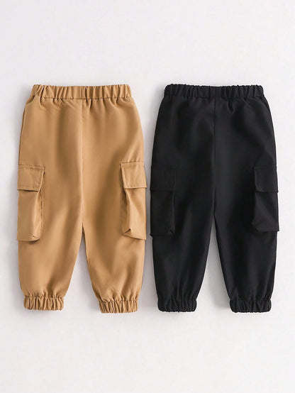 2pcs/Set Casual Solid Color Cargo Pants Baby Boy Comfortable Outfit