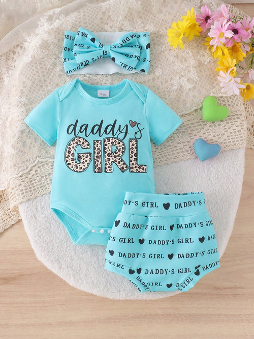 2pcs/Set Cute Letter Print Romper With Shorts And Headband, Thin Summer Outfit For Baby Girls