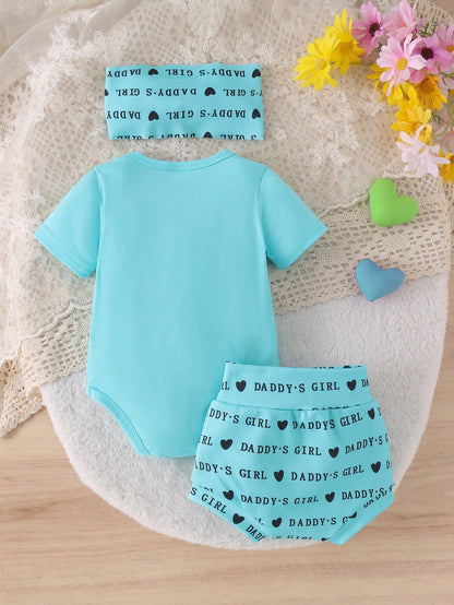 2pcs/Set Cute Letter Print Romper With Shorts And Headband, Thin Summer Outfit For Baby Girls
