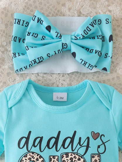 2pcs/Set Cute Letter Print Romper With Shorts And Headband, Thin Summer Outfit For Baby Girls