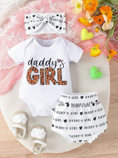 2pcs/Set Cute Letter Print Romper With Shorts And Headband, Thin Summer Outfit For Baby Girls