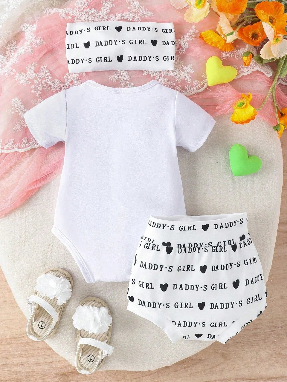 2pcs/Set Cute Letter Print Romper With Shorts And Headband, Thin Summer Outfit For Baby Girls