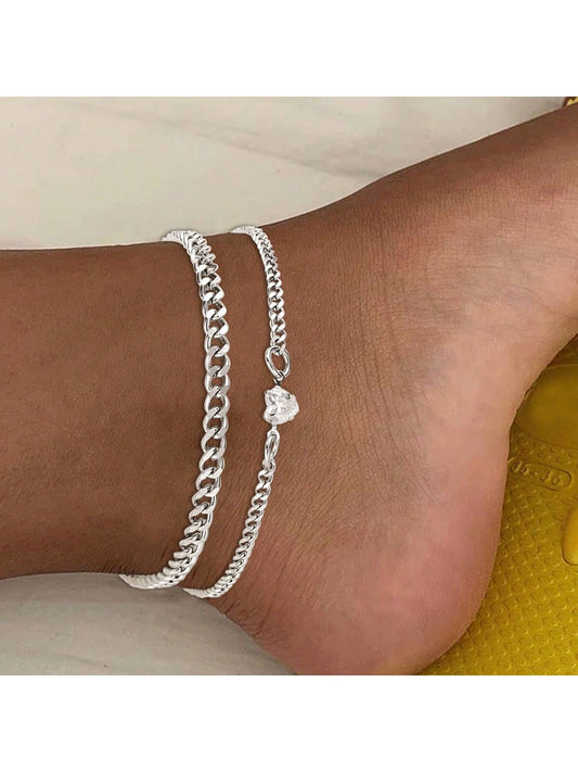 2pcs/Set Minimalist Heart Rhinestone Stainless Steel Chain Anklet Set, Gift For Women, Daily Wear Valentines,Mom,Mother,Mother's Day,Gift