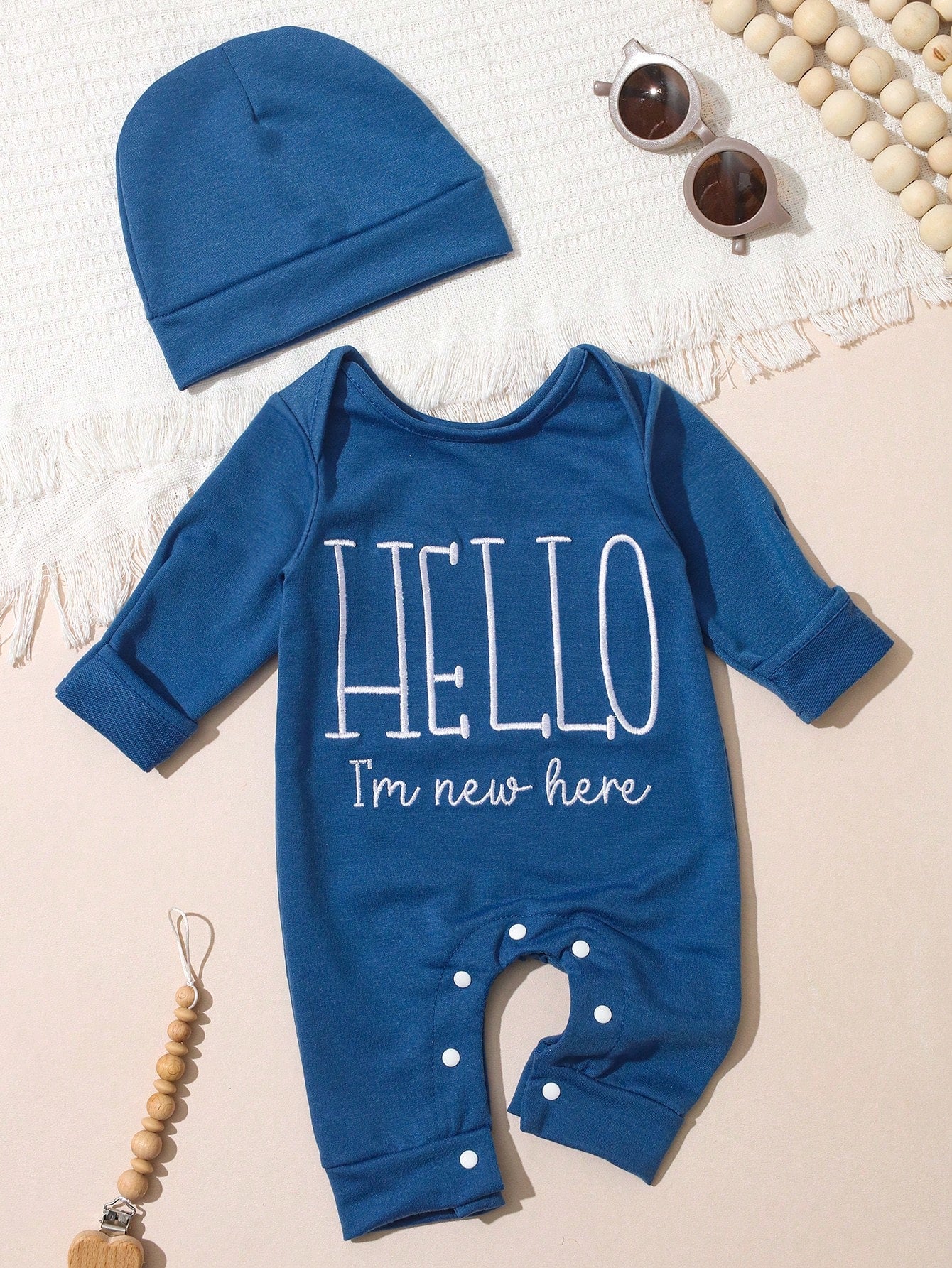2Pcs Set Newborn Boy Photography Outfits Slate Blue Dusty Blue Little Brother Embroidery Baby Coming Home Outfit Baby Shower Gift Infant Photo Props