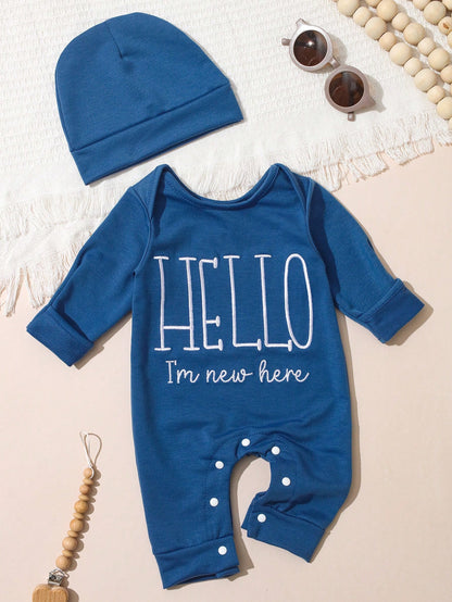 2Pcs Set Newborn Boy Photography Outfits Slate Blue Dusty Blue Little Brother Embroidery Baby Coming Home Outfit Baby Shower Gift Infant Photo Props