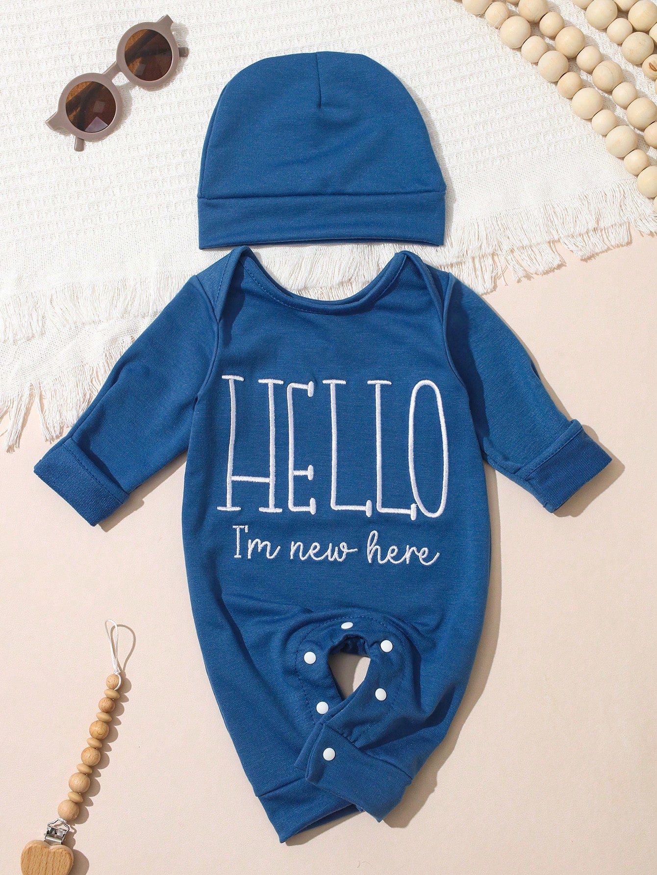 2Pcs Set Newborn Boy Photography Outfits Slate Blue Dusty Blue Little Brother Embroidery Baby Coming Home Outfit Baby Shower Gift Infant Photo Props
